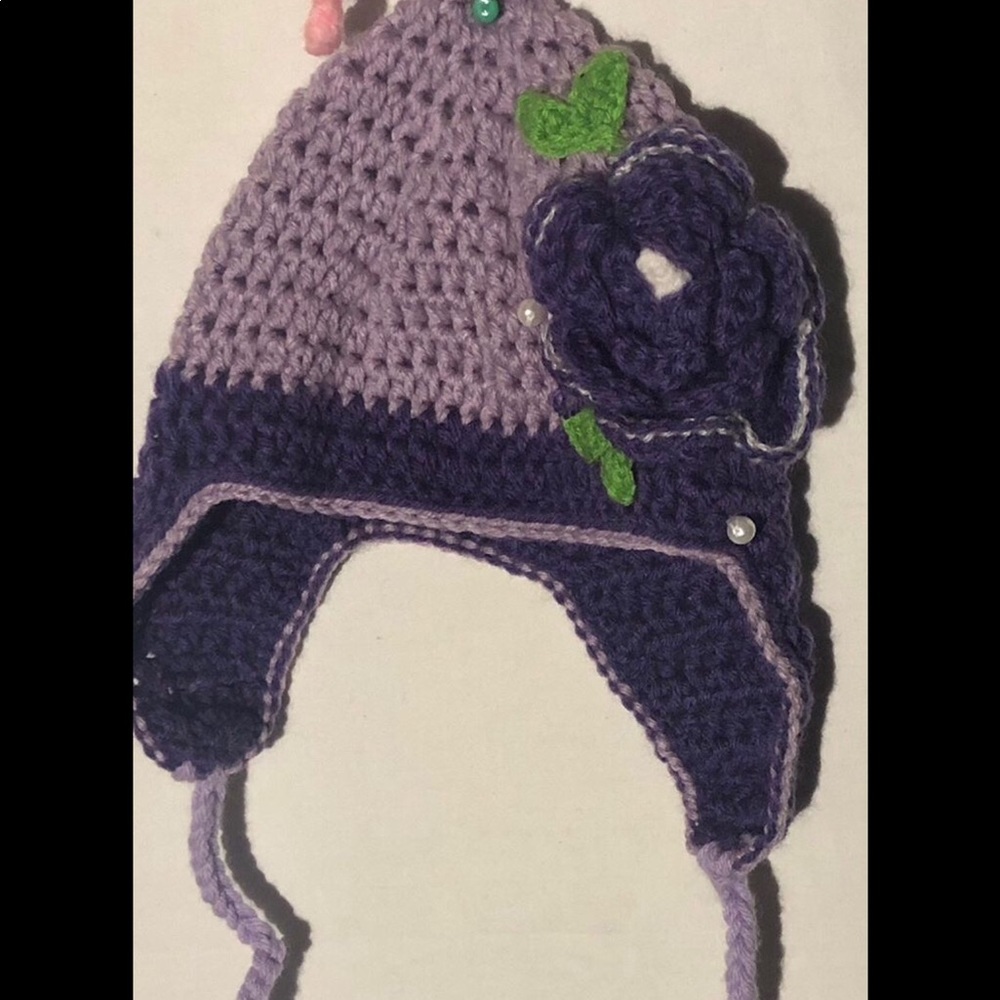 Baby purple flower crocheted hat